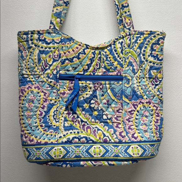 Vera Bradley Villager Quilted Tote Bag Blue Tic Tac Floral Fabric Purse Small - Picture 3 of 8